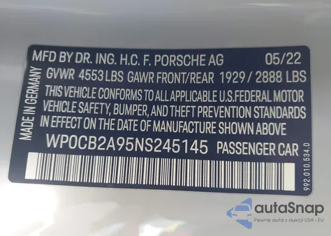 2022 Porsche 911 Carrera 4 Gts Cabriolet/Carrera 4S Cabriolet/Carrera Gts Cabriolet/Carrera S Cabriolet z USA, uszkodzony, nr VIN WP0CB2A95NS245145